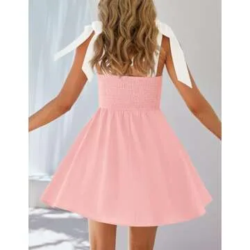 ZESICA Women's Summer Boho Square Neck Mini Dress Sleeveless Tie Shoulder High Waist Swing A Line Short Sundresses,Pink,X-Large