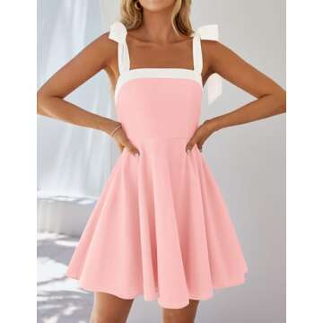 ZESICA Women's Summer Boho Square Neck Mini Dress Sleeveless Tie Shoulder High Waist Swing A Line Short Sundresses,Pink,X-Large