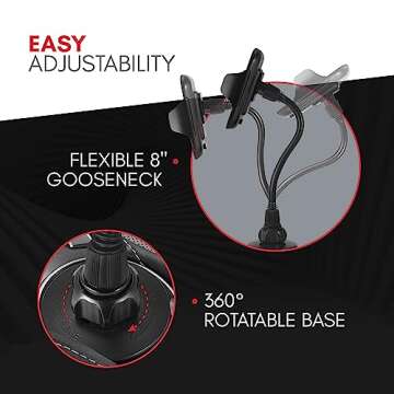 Macally Car Cup Holder Phone Mount - 8” Long Flexible Gooseneck Cell Phone Holder Car Cup Holder with 360° Adjustable Holder - Universal Cup Phone Holder Fits with/without Case up to 4.1” Wide