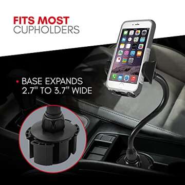 Macally Car Cup Holder Phone Mount - 8” Long Flexible Gooseneck Cell Phone Holder Car Cup Holder with 360° Adjustable Holder - Universal Cup Phone Holder Fits with/without Case up to 4.1” Wide