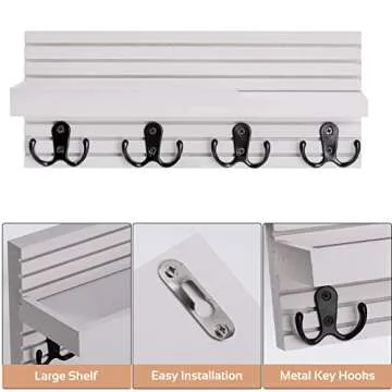 WeBravery Decorative Key Hanging Rack with 4 Double Hooks – Easy Install Natural Wooden Key and Mail Holder for Wall Mount – Entryway Decor Rack with Shelf (White)