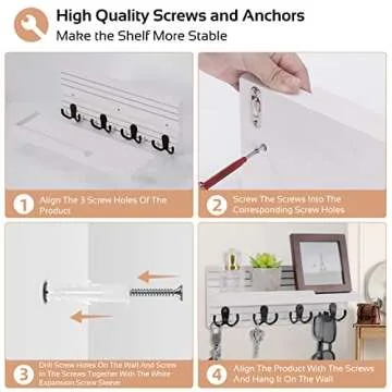 WeBravery Decorative Key Hanging Rack with 4 Double Hooks – Easy Install Natural Wooden Key and Mail Holder for Wall Mount – Entryway Decor Rack with Shelf (White)