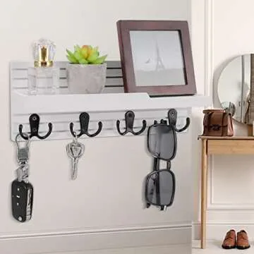 WeBravery Decorative Key Hanging Rack with 4 Double Hooks – Easy Install Natural Wooden Key and Mail Holder for Wall Mount – Entryway Decor Rack with Shelf (White)