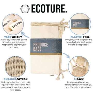 Ecoture Eco Friendly Reusable Produce Bags in Mesh and Muslin for Fruit and Vegetable Storage | Bonus Mesh Grocery Shopping Bag | Lightweight Premium Organic Cotton, Zero-Waste, Washable, See-Through