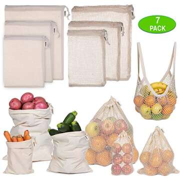 Ecoture Eco Friendly Reusable Produce Bags in Mesh and Muslin for Fruit and Vegetable Storage | Bonus Mesh Grocery Shopping Bag | Lightweight Premium Organic Cotton, Zero-Waste, Washable, See-Through