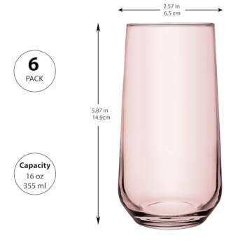 Biandeco Pink Drinking Glasses Set of 6 | 16 oz Pink Glass Cups | Highball Drinkware for Cocktails, ...