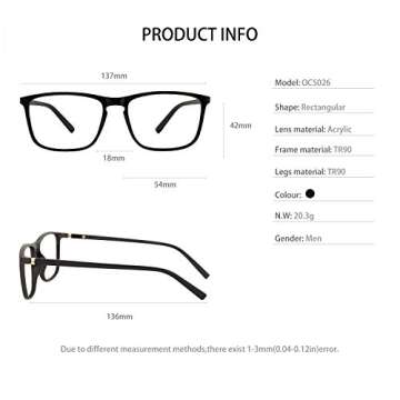 OCCI CHIARI Reading Glasses Men's Rectangle Reader Durable Spring Hinge (Bright Black, 1.50)