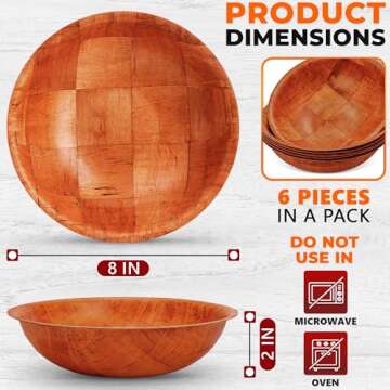 6Pcs Wooden Salad Bowl Set - 8 Inch Decorative Bowls for Kitchen Large Serving Bowls for Entertainin...