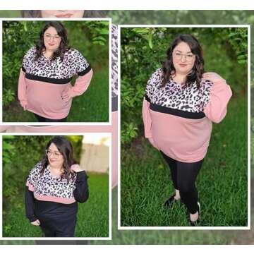 TIYOMI Plus Size Shirts Women Raglan Long Sleeve Pullover Round Neck Colorblock Color Block Tops Leopard Cheetah Animal Print Tunic Autumn Fall Winter Spring Hoodless Sweater Brown Pink Black 2XL