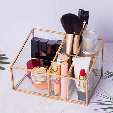 Cedilis Vintage Makeup Organizer, Glass Metal Cosmetic Organizer, Gold Makeup Brush Holder, 5 Compartment Beauty Storage Holder for Lipsticks Nail Polish Perfume