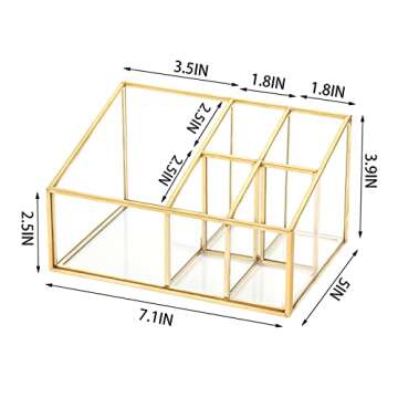 Cedilis Vintage Makeup Organizer, Glass Metal Cosmetic Organizer, Gold Makeup Brush Holder, 5 Compartment Beauty Storage Holder for Lipsticks Nail Polish Perfume