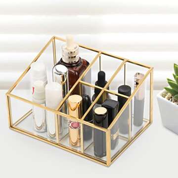 Cedilis Vintage Makeup Organizer, Glass Metal Cosmetic Organizer, Gold Makeup Brush Holder, 5 Compartment Beauty Storage Holder for Lipsticks Nail Polish Perfume