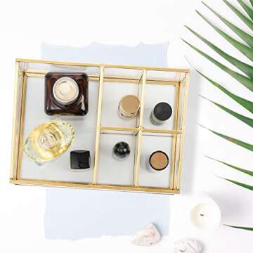 Cedilis Vintage Makeup Organizer, Glass Metal Cosmetic Organizer, Gold Makeup Brush Holder, 5 Compartment Beauty Storage Holder for Lipsticks Nail Polish Perfume