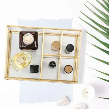 Cedilis Vintage Makeup Organizer, Glass Metal Cosmetic Organizer, Gold Makeup Brush Holder, 5 Compartment Beauty Storage Holder for Lipsticks Nail Polish Perfume