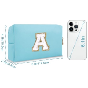 Small Personalized Initial A-Z Preppy Patch Makeup Bag - Stylish PU Leather Cosmetic Pouch for Trave...