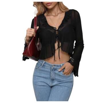 GORGLITTER Women's Tie Front Ruffle Crop Top Sheer Mesh Flounce Long Sleeve Blouse Shirt Black Small