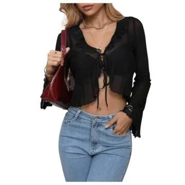 GORGLITTER Women's Tie Front Ruffle Crop Top Sheer Mesh Flounce Long Sleeve Blouse Shirt Black Small