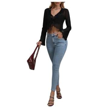 GORGLITTER Women's Tie Front Ruffle Crop Top Sheer Mesh Flounce Long Sleeve Blouse Shirt Black Small