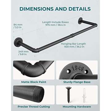 OROPY Industrial Pipe Clothing Rack 38.4", Heavy Duty Detachable Wall Mounted Clothes Rack Black Iron Garment Bar, Multi-purpose Hanging Rod for Closet Storage, Black (Two Base)