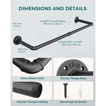 OROPY Industrial Pipe Clothing Rack 38.4", Heavy Duty Detachable Wall Mounted Clothes Rack Black Iron Garment Bar, Multi-purpose Hanging Rod for Closet Storage, Black (Two Base)