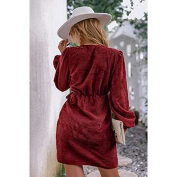 BerryGo Women's 2023 Elegant Velvet Wrap Long Balloon Sleeve Party Dresses Deep V Neck Cocktail Mini Fall Dress Wine Red,XL