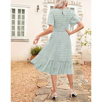 Annebouti Womens Summer Spring Dress 2025 Wedding Guest Short Sleeve Casual Modest Cute Swing Flowy Swiss Dot Smocked Midi Dress Solid Light Green L