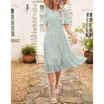 Annebouti Womens Summer Spring Dress 2025 Wedding Guest Short Sleeve Casual Modest Cute Swing Flowy Swiss Dot Smocked Midi Dress Solid Light Green L