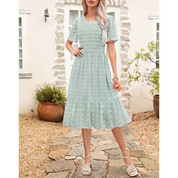 Annebouti Womens Summer Spring Dress 2025 Wedding Guest Short Sleeve Casual Modest Cute Swing Flowy Swiss Dot Smocked Midi Dress Solid Light Green L