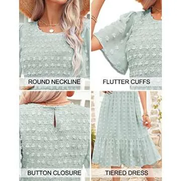 Annebouti Womens Summer Spring Dress 2025 Wedding Guest Short Sleeve Casual Modest Cute Swing Flowy Swiss Dot Smocked Midi Dress Solid Light Green L
