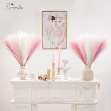 Serwalin Pampas Grass Pink Decor 17.7 Inch 6pcs, Faux Pampas Grass Home Decor, Artificial Pampas Grass Blush Fake Pampas, Short Vase Room Valentine's Day