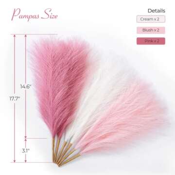 Serwalin Pampas Grass Pink Decor 17.7 Inch 6pcs, Faux Pampas Grass Home Decor, Artificial Pampas Grass Blush Fake Pampas, Short Vase Room Valentine's Day