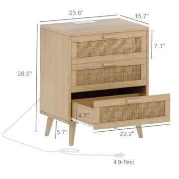 Irontar Rattan Nightstand with Charging Station, Night Stand with 3 Large Rattan Drawers, Accent End Table, Bedside Table with Solid Wooden Legs for Bedroom, Natural BZZ006ME