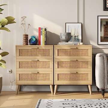 Irontar Rattan Nightstand with Charging Station, Night Stand with 3 Large Rattan Drawers, Accent End Table, Bedside Table with Solid Wooden Legs for Bedroom, Natural BZZ006ME