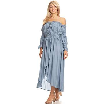 Anna-Kaci Womens Boho Long Sleeve Off Shoulder Renaissance Peasant Dress, Blue, Large