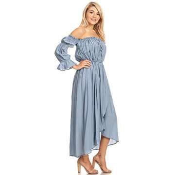 Anna-Kaci Womens Boho Long Sleeve Off Shoulder Renaissance Peasant Dress, Blue, Large