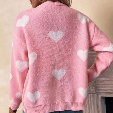 Women's Heart Sweater Cardigan Long Sleeve Button Knit Valentines Day Sweater Pink L