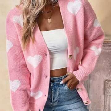 Women's Heart Sweater Cardigan Long Sleeve Button Knit Valentines Day Sweater Pink L
