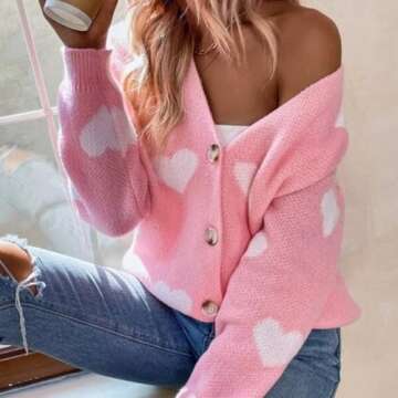 Women's Heart Sweater Cardigan Long Sleeve Button Knit Valentines Day Sweater Pink L