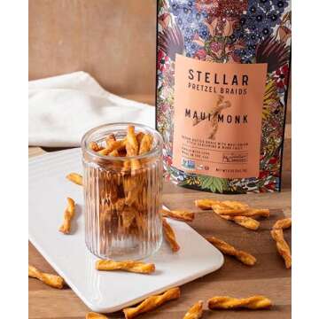 Stellar Pretzel Braids, Maui Monk Sweet Onion, 6 Large Snack Bags (5 oz each) Vegan Rods, Twists, Sticks