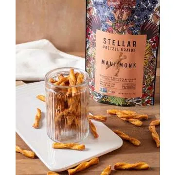 Stellar Pretzel Braids, Maui Monk Sweet Onion, 6 Large Snack Bags (5 oz each) Vegan Rods, Twists, Sticks