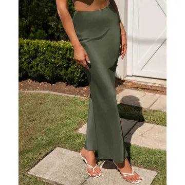 Outoshe Women's Satin High Waisted Maxi Skirt Army Green