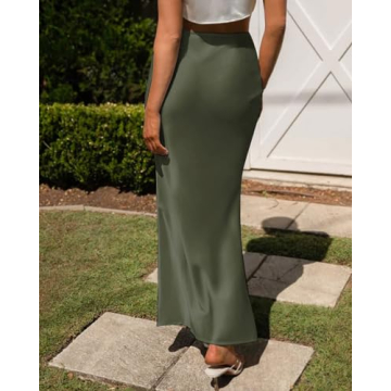 Outoshe Women's Satin High Waisted Maxi Skirt Army Green