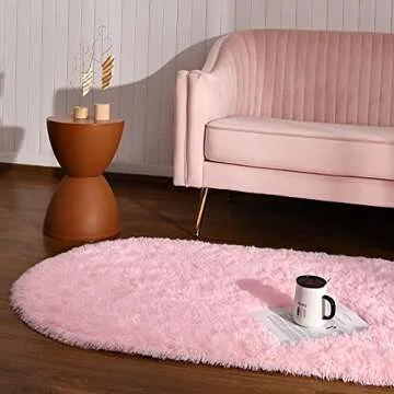 Softlife Fluffy Rugs for Bedroom, Shag Cute Area Rug for Girls and Kids Baby Room Home Decor, 2.6 x 5.3 Feet Oval Indoor Carpet for Nursery Dorm Living Room, Pink