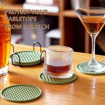 Coga Drink Coasters Set of 6 with Holder, Silicone Coasters Tabletop Protection for Any Table Type, Wood, Stone Tables, Dishwasher Safe, Coasters for Drinks Fits Any Size of Drinking Glasses (Green)