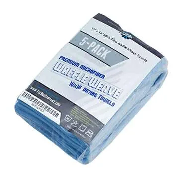The Rag Company - Dry Me A River - Professional Korean 70/30 Blend Microfiber Waffle-Weave Drying & Detailing Towels, Soft Suede Edges, 390gsm, 16in x 16in, Light Blue (5-Pack)