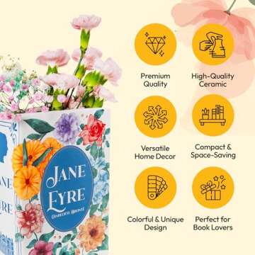 BOOKISH BEE Ceramic Book Vase for Flowers, Inspired by Jane Eyre, Stylish Home Decor