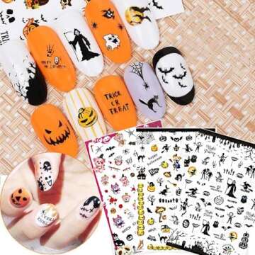 Halloween Nail Art Stickers Decals, Kalolary Self-Adhesive DIY Nail Sticker Decals 3D Design Nail Decorations for Halloween Party Include Pumpkin/Bat/Ghost/Witch(12 Sheets)