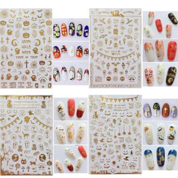 Halloween Nail Art Stickers Decals, Kalolary Self-Adhesive DIY Nail Sticker Decals 3D Design Nail Decorations for Halloween Party Include Pumpkin/Bat/Ghost/Witch(12 Sheets)