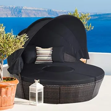 Tangkula Patio Round Daybed with Retractable Canopy