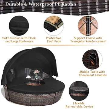 Tangkula Patio Round Daybed with Retractable Canopy